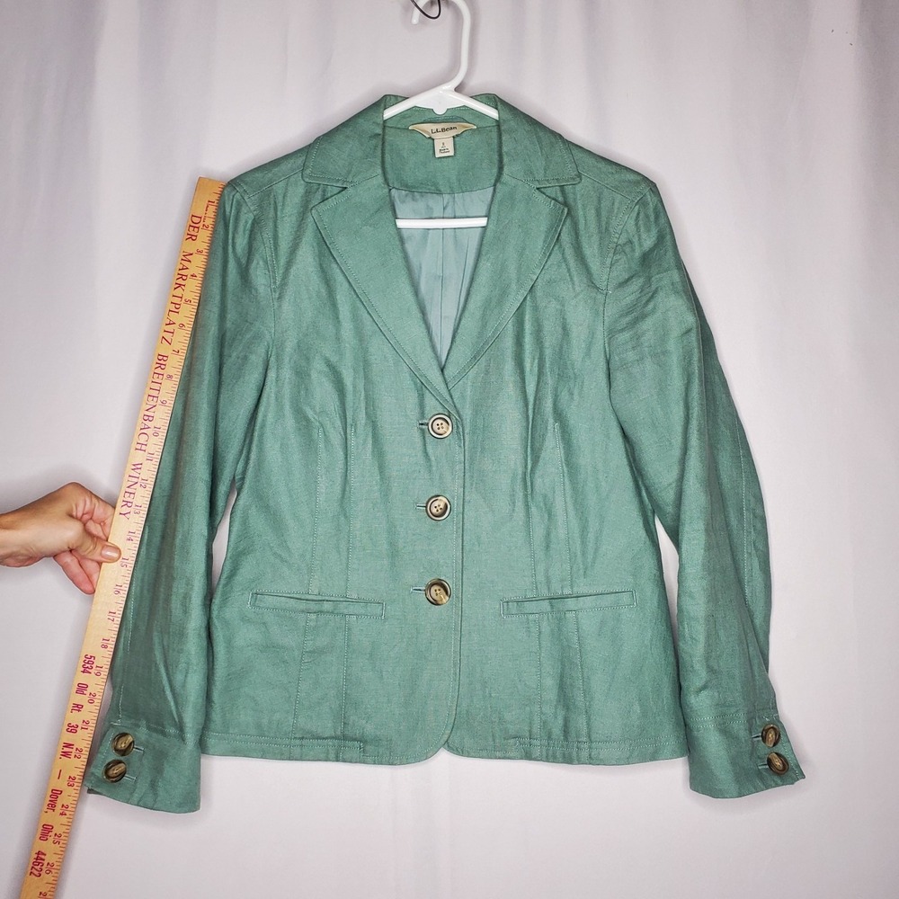 LL Bean Linen Blazer Womens Petite 8P Green Button Collar Pocket Lined Coastal - Picture 6 of 8